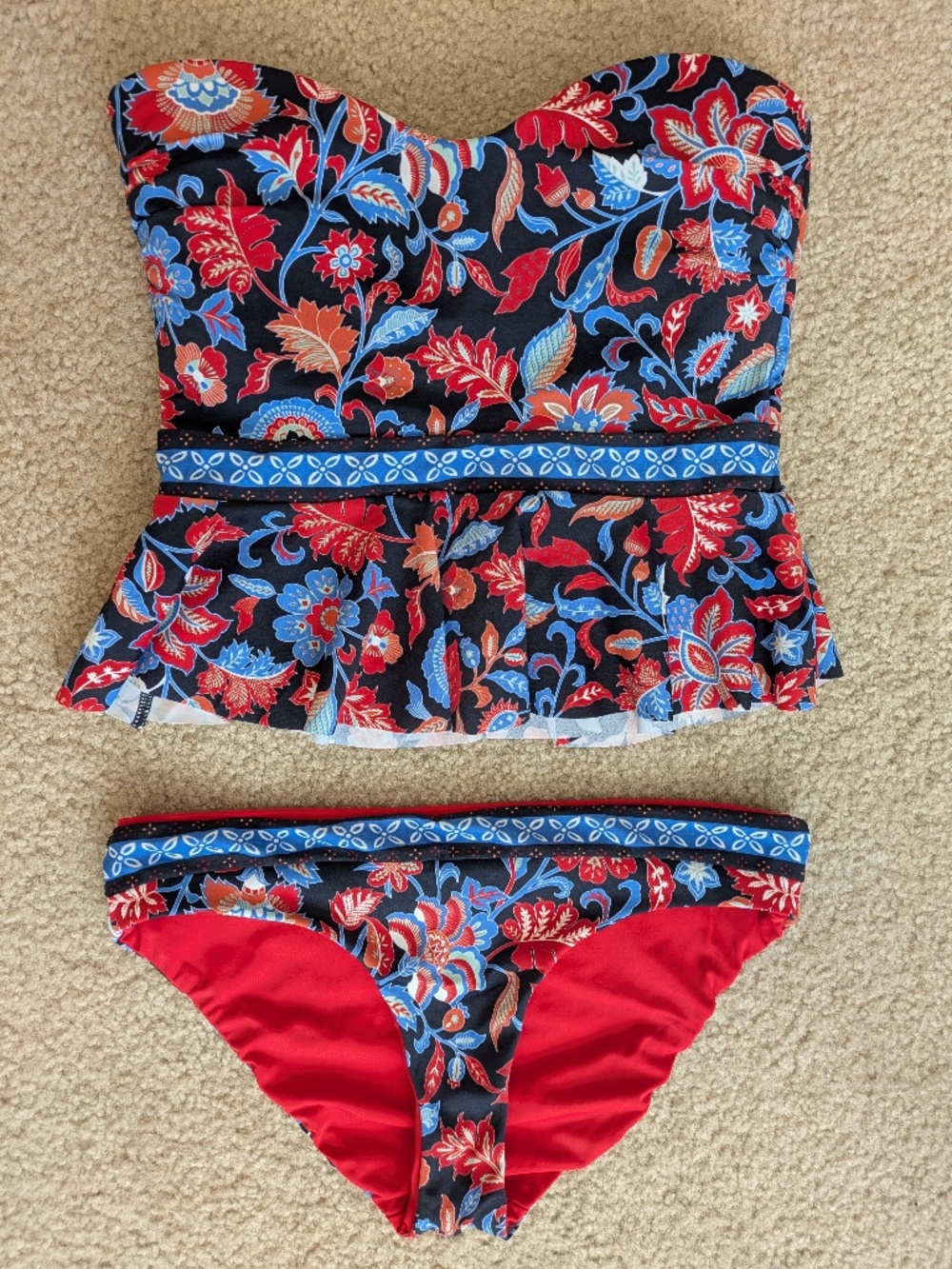 NWT-Floral Bandeau Peplum Bikini Set - Red & Blue